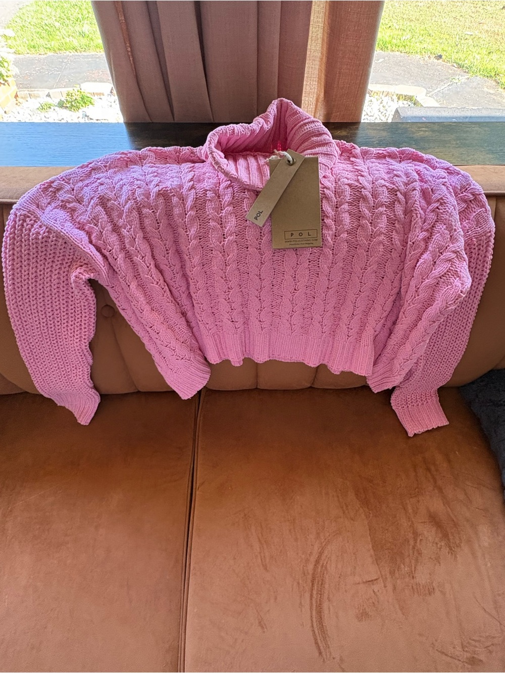 POL Bubblegum Pink Cable Knit Cropped Turtleneck Sweater